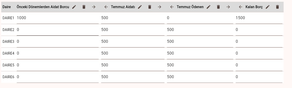Huzurlu Yaşam uygulamasında daire bazlı aidat takip tablosu: önceki dönem borcu, aylık aidat, ödenen ve kalan borç sütunları